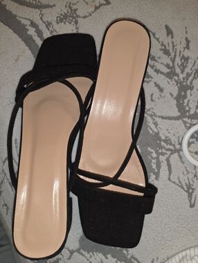 Black Strappy Square-Toe Women's Slide Heels